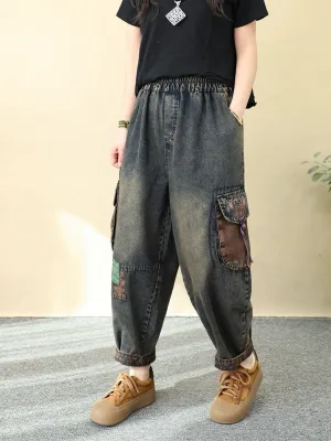 Women Retro Patchwork Denim Harem Pants