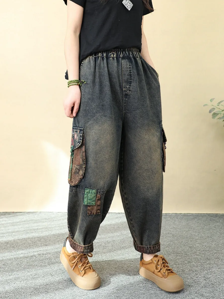 Women Retro Patchwork Denim Harem Pants