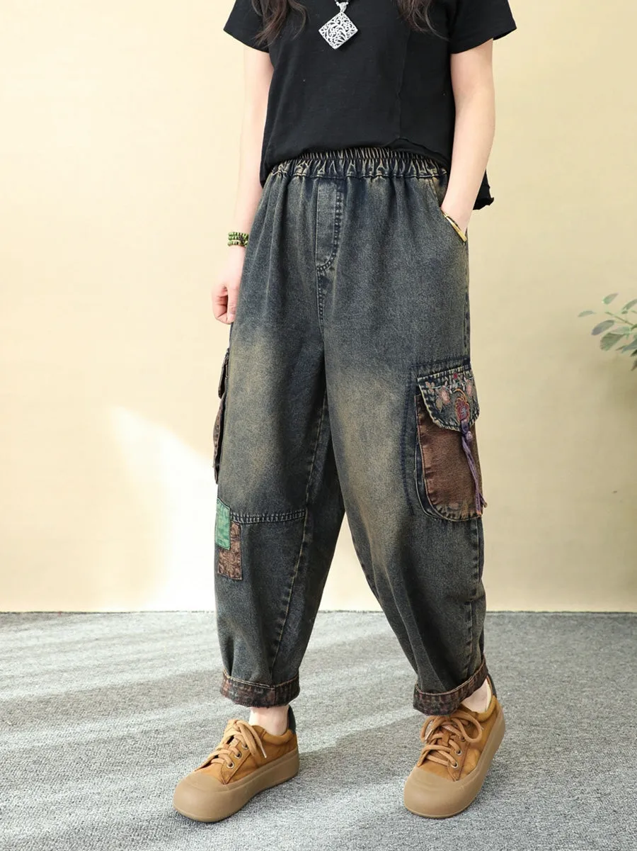 Women Retro Patchwork Denim Harem Pants