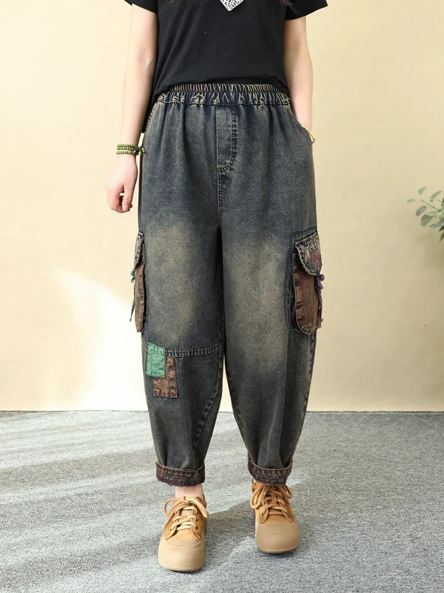 Women Retro Patchwork Denim Harem Pants