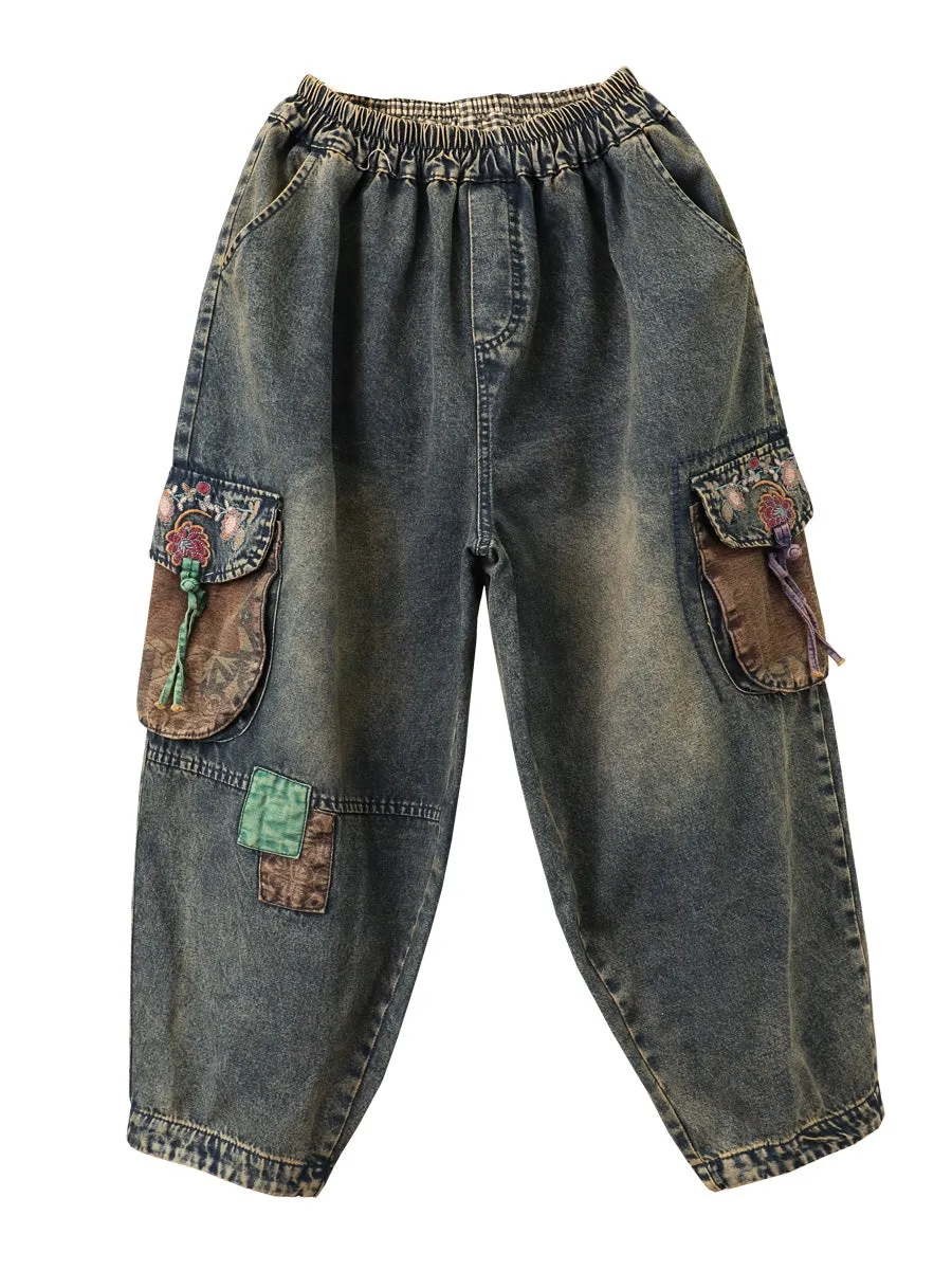 Women Retro Patchwork Denim Harem Pants