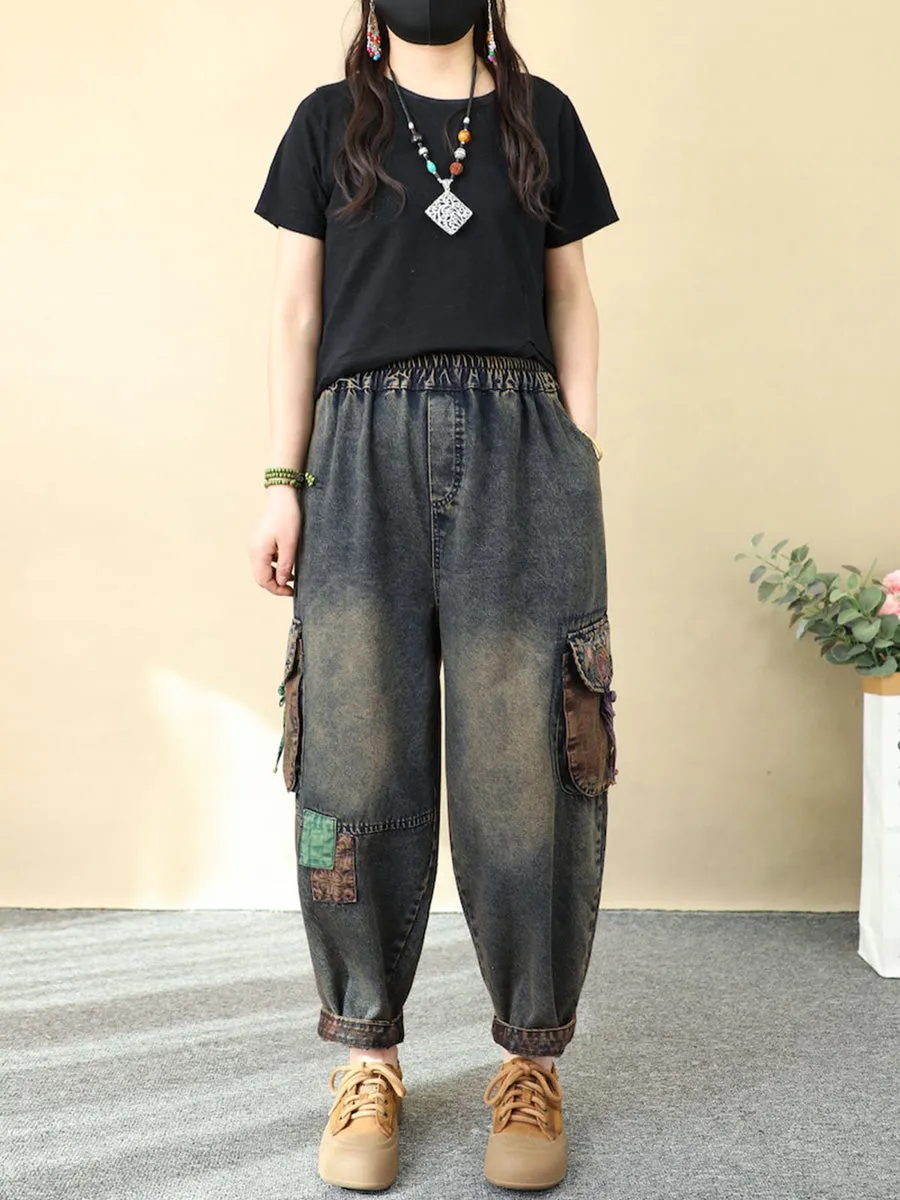 Women Retro Patchwork Denim Harem Pants