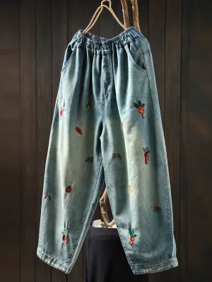 Women Spring Carrot Embroidery Denim Loose Harem Pants