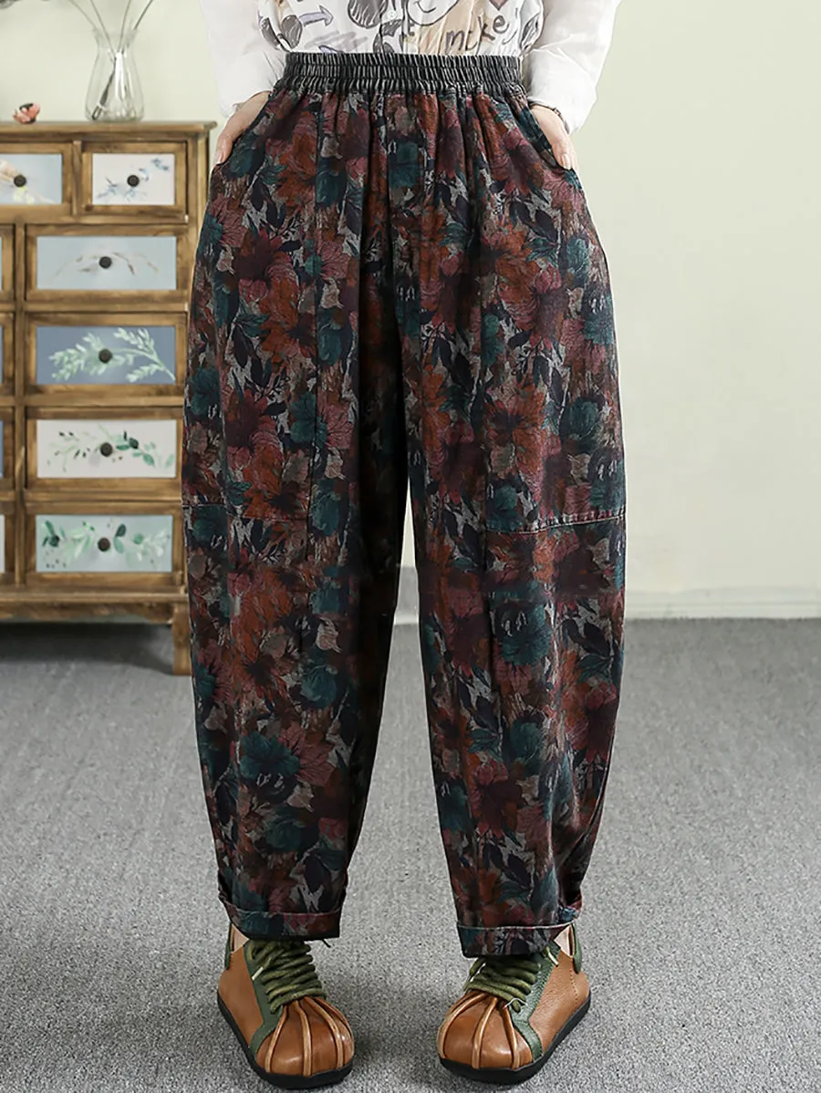 Women Spring Flower Denim 100%Cotton Harem Pants
