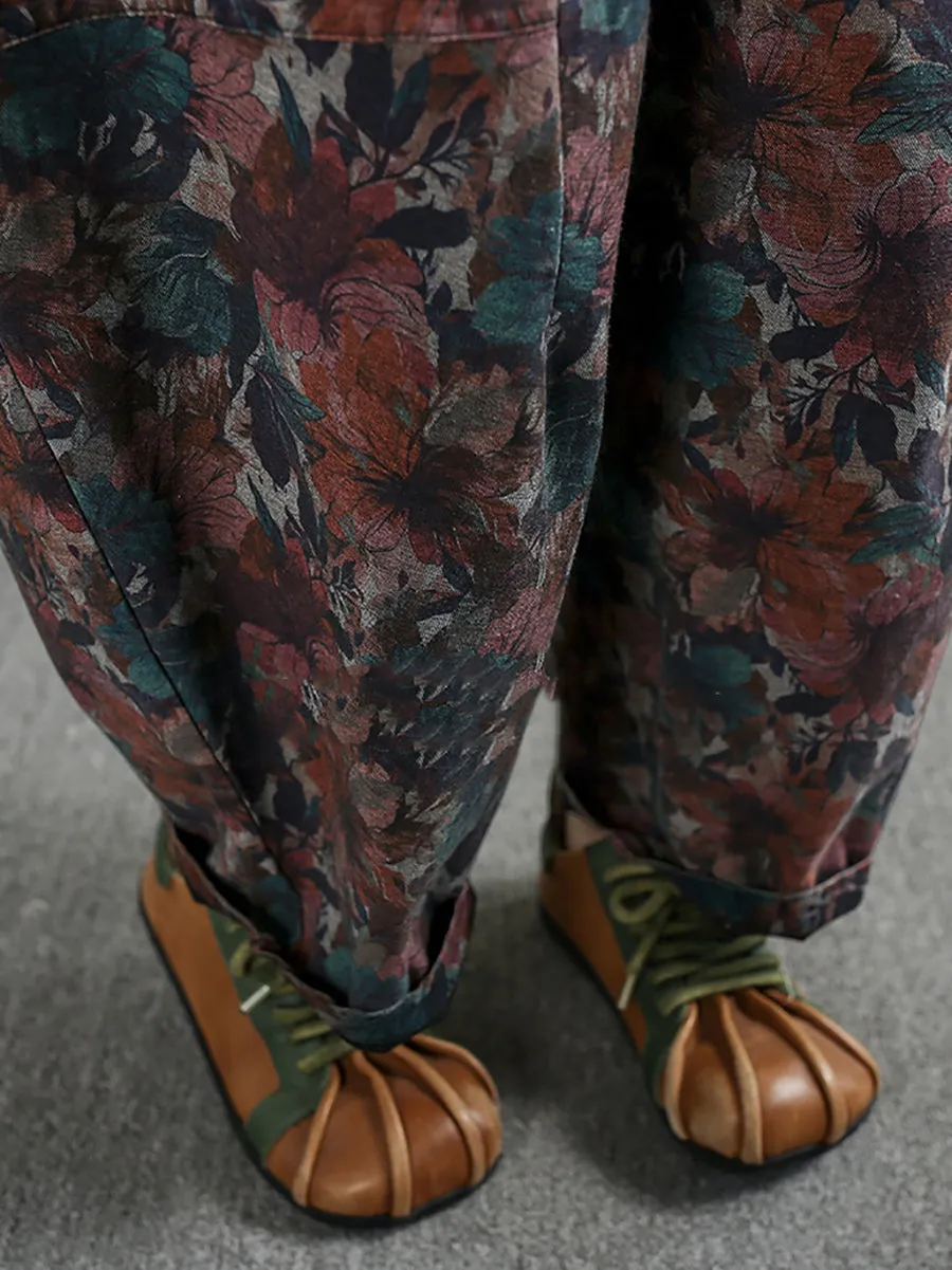 Women Spring Flower Denim 100%Cotton Harem Pants