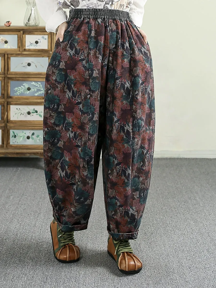 Women Spring Flower Denim 100%Cotton Harem Pants