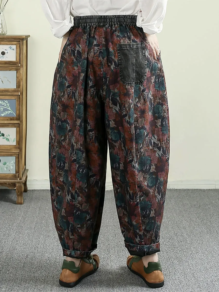 Women Spring Flower Denim 100%Cotton Harem Pants