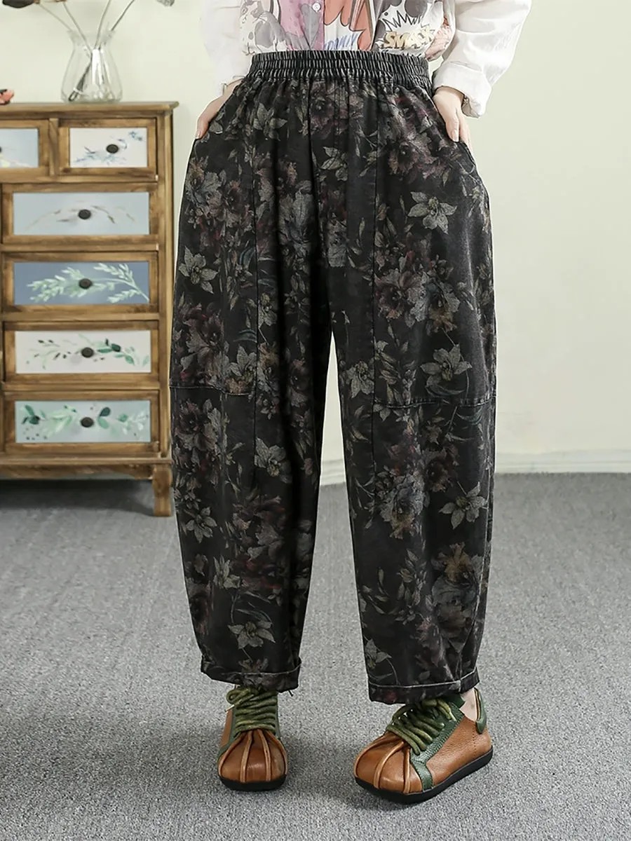Women Spring Flower Denim 100%Cotton Harem Pants