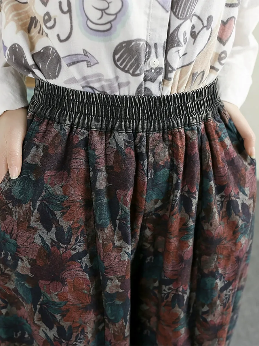 Women Spring Flower Denim 100%Cotton Harem Pants