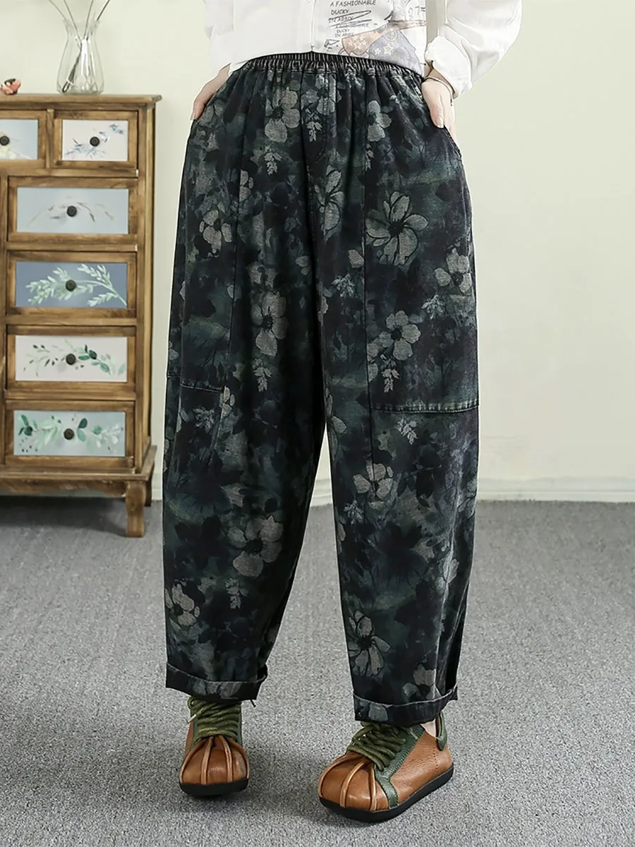 Women Spring Flower Denim 100%Cotton Harem Pants