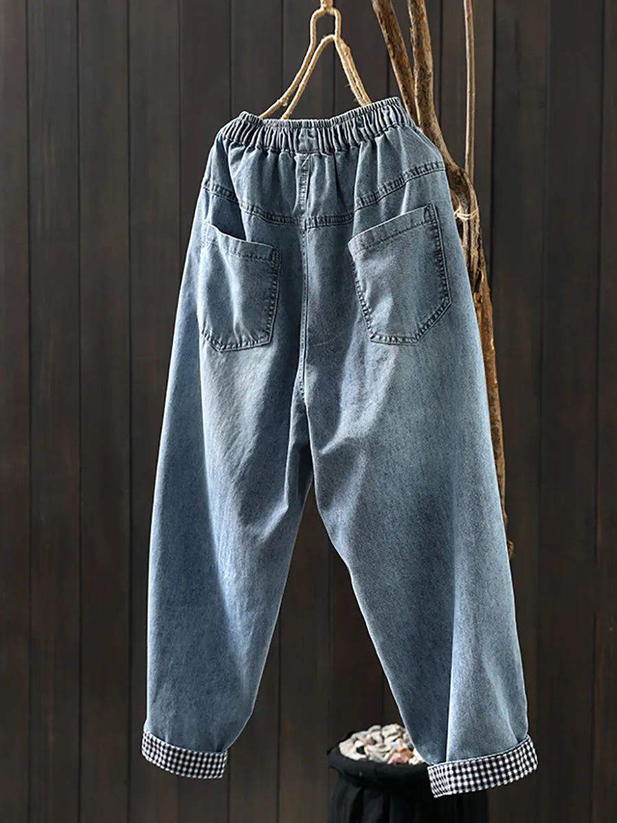 Women Spring Retro Flower Embroidery Denim Harem Pants