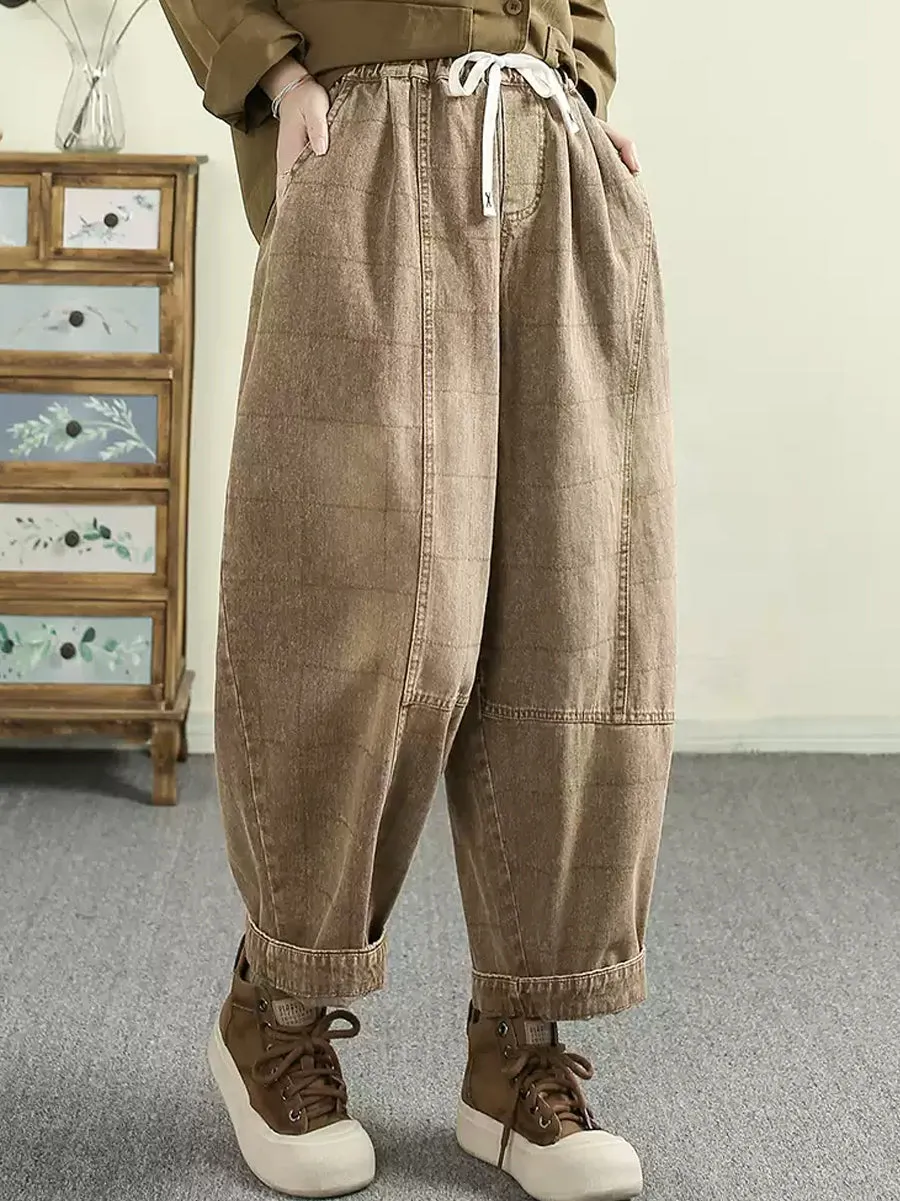 Women Spring Retro Plaid 100%Cotton Harem Pants