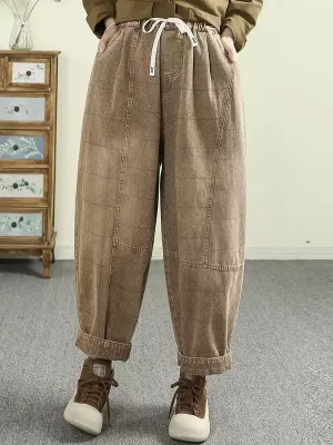 Women Spring Retro Plaid 100%Cotton Harem Pants