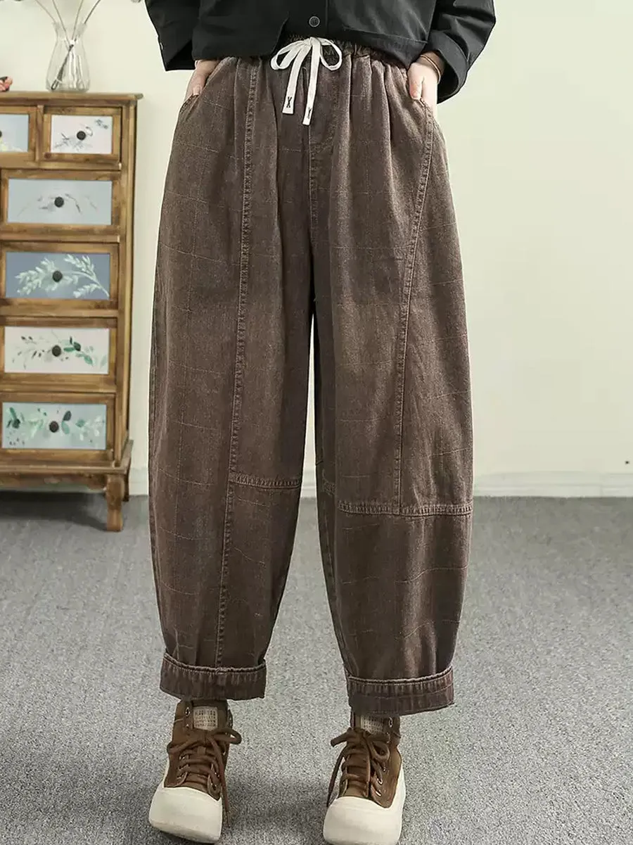 Women Spring Retro Plaid 100%Cotton Harem Pants