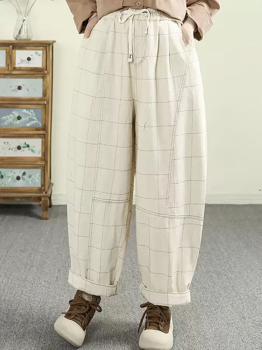 Women Spring Retro Plaid 100%Cotton Harem Pants