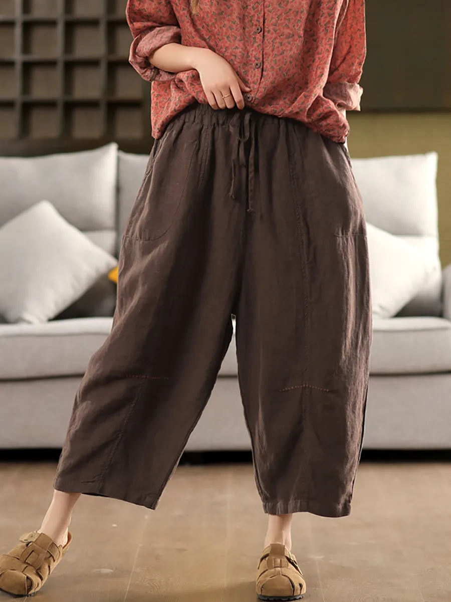 Women Summer Casual Pure Color 100%Linen Harem Pants
