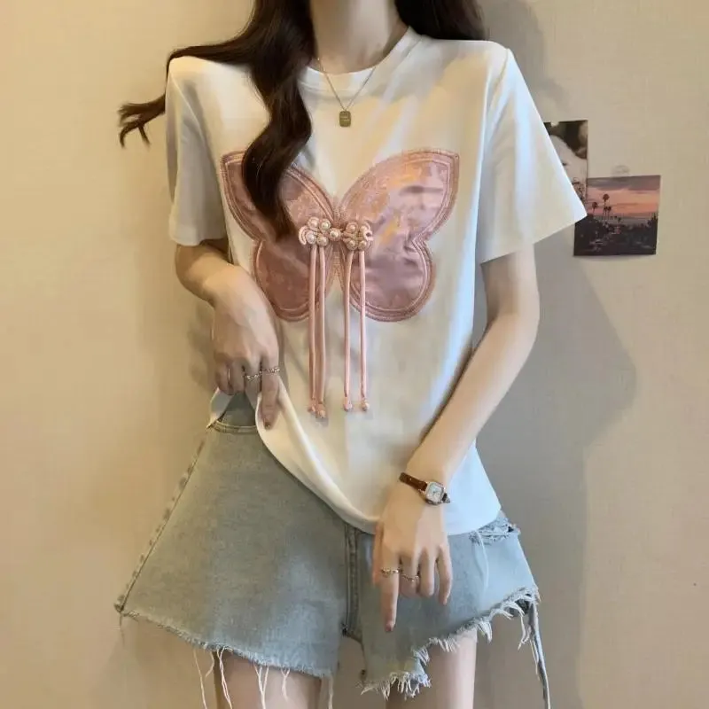 Women Summer Chinese Style Bow Black Slim O-neck Thin Short Sleeve Party Tee Shirt Women Clothing Fashion Embroidered Top Tee