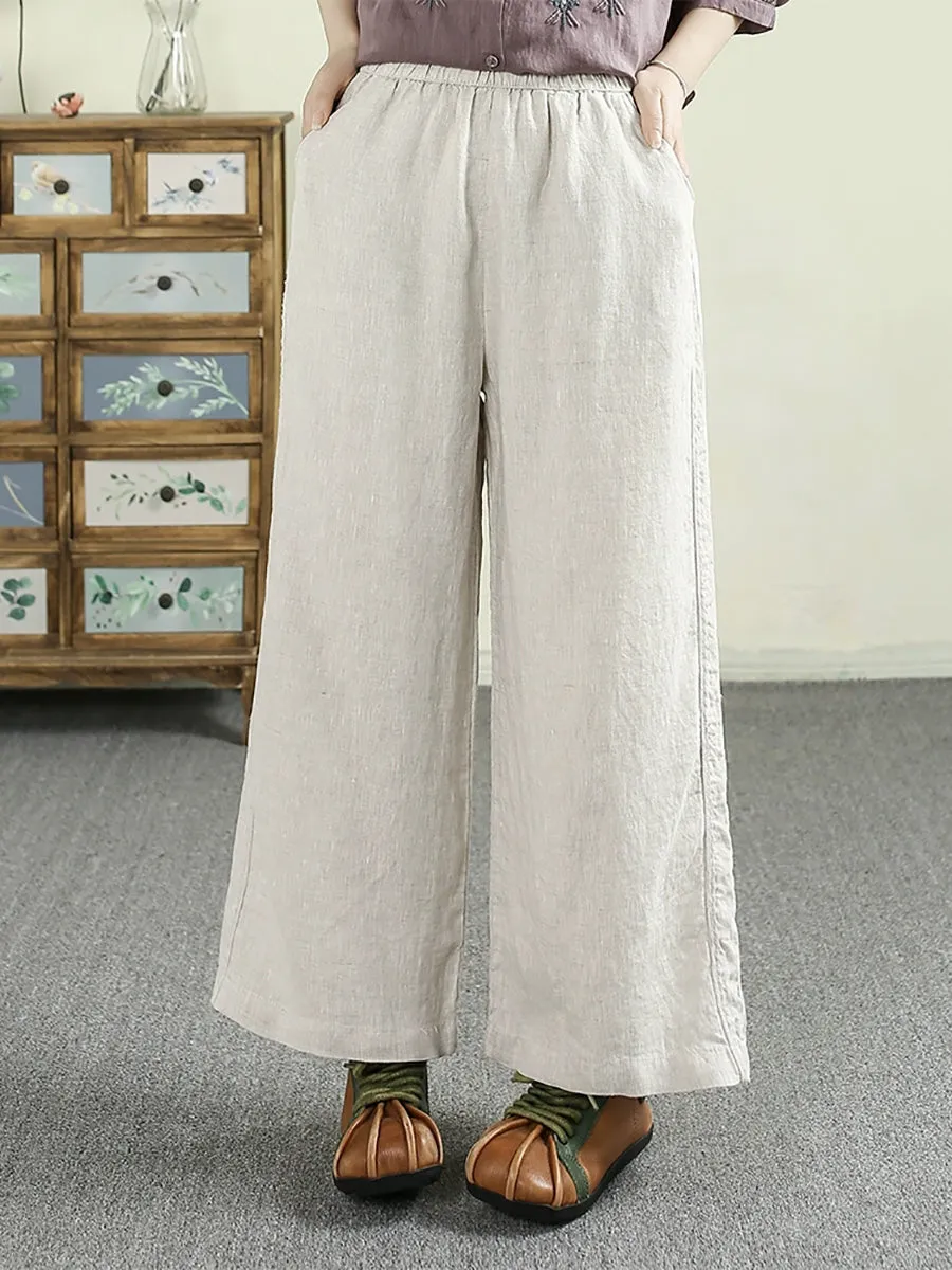 Women Summer Pure Color 100%Linen Straight Pants