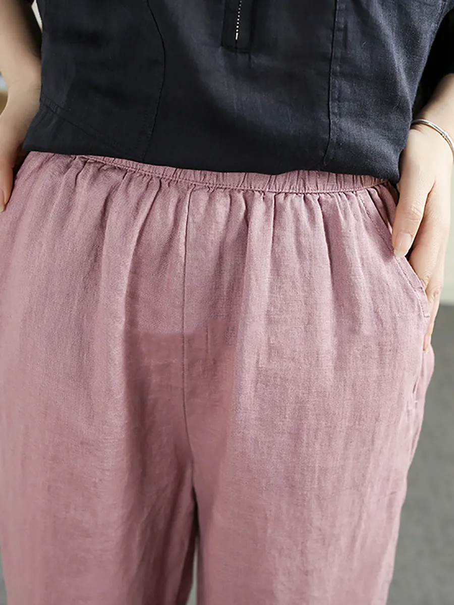 Women Summer Pure Color 100%Linen Straight Pants