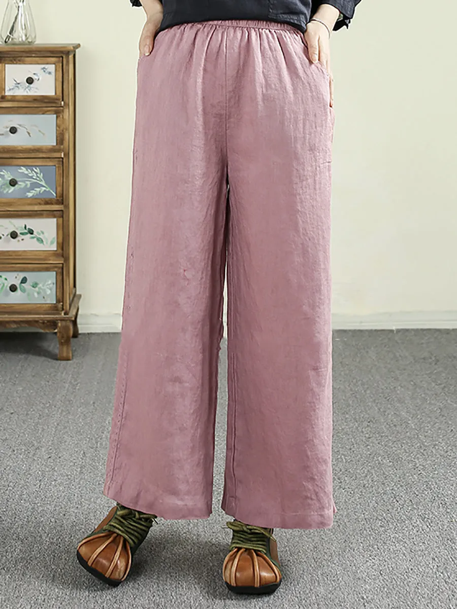 Women Summer Pure Color 100%Linen Straight Pants
