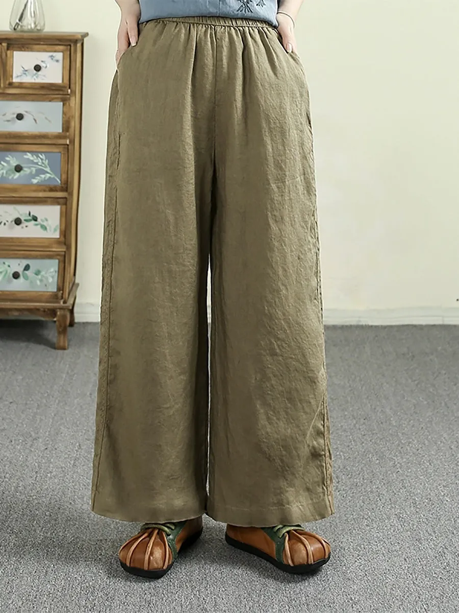 Women Summer Pure Color 100%Linen Straight Pants