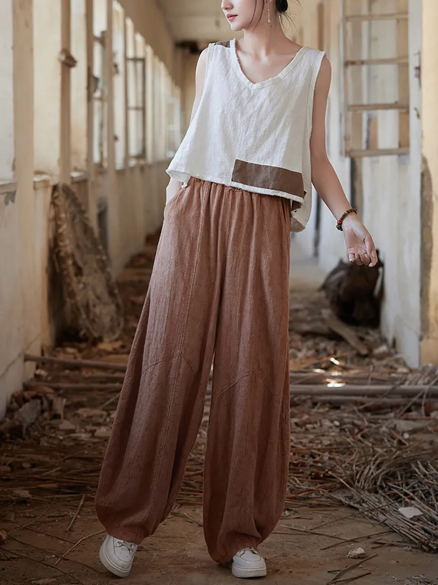 Women Summer Pure Color Spliced Ramie Bloomers