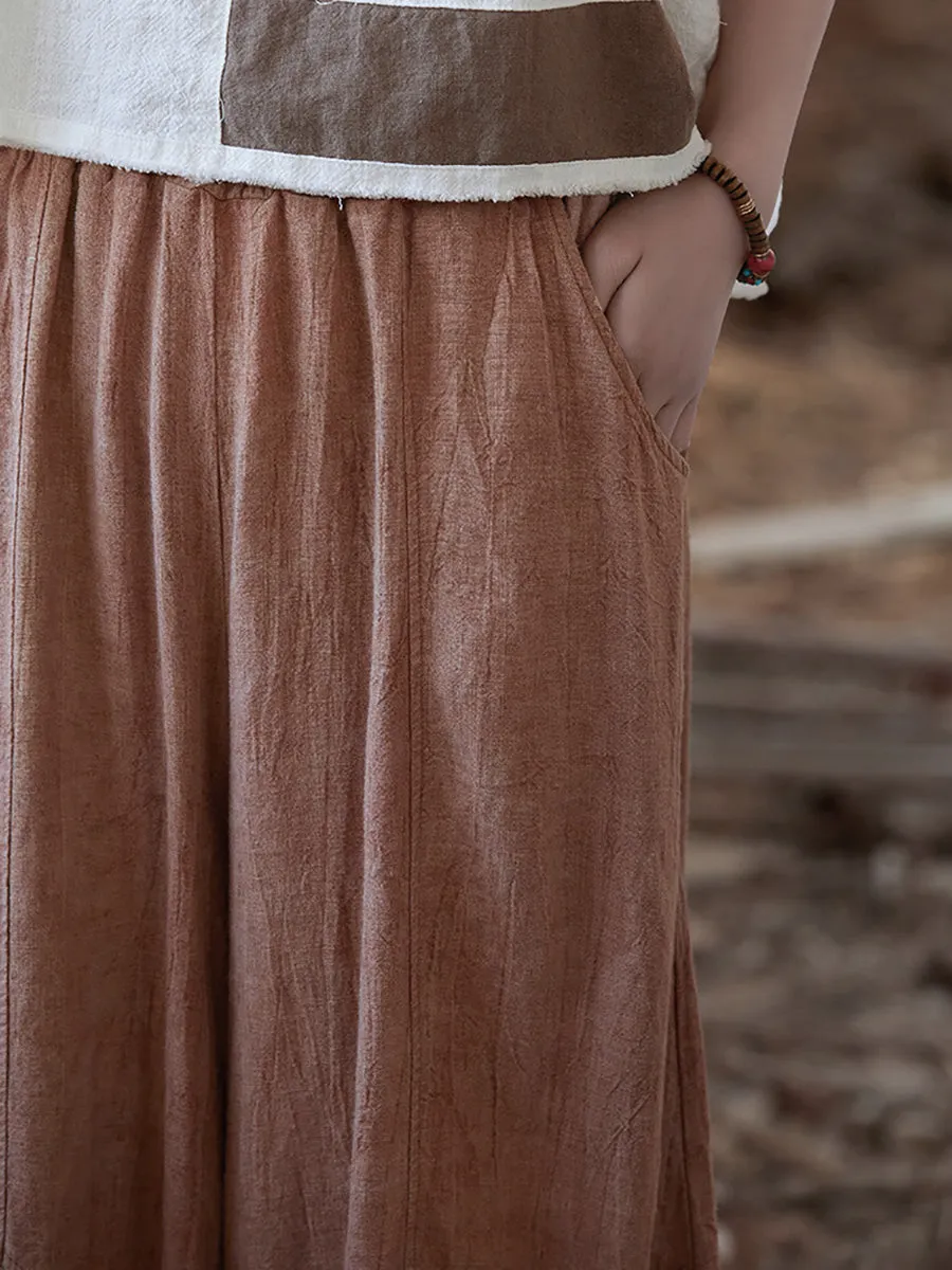 Women Summer Pure Color Spliced Ramie Bloomers