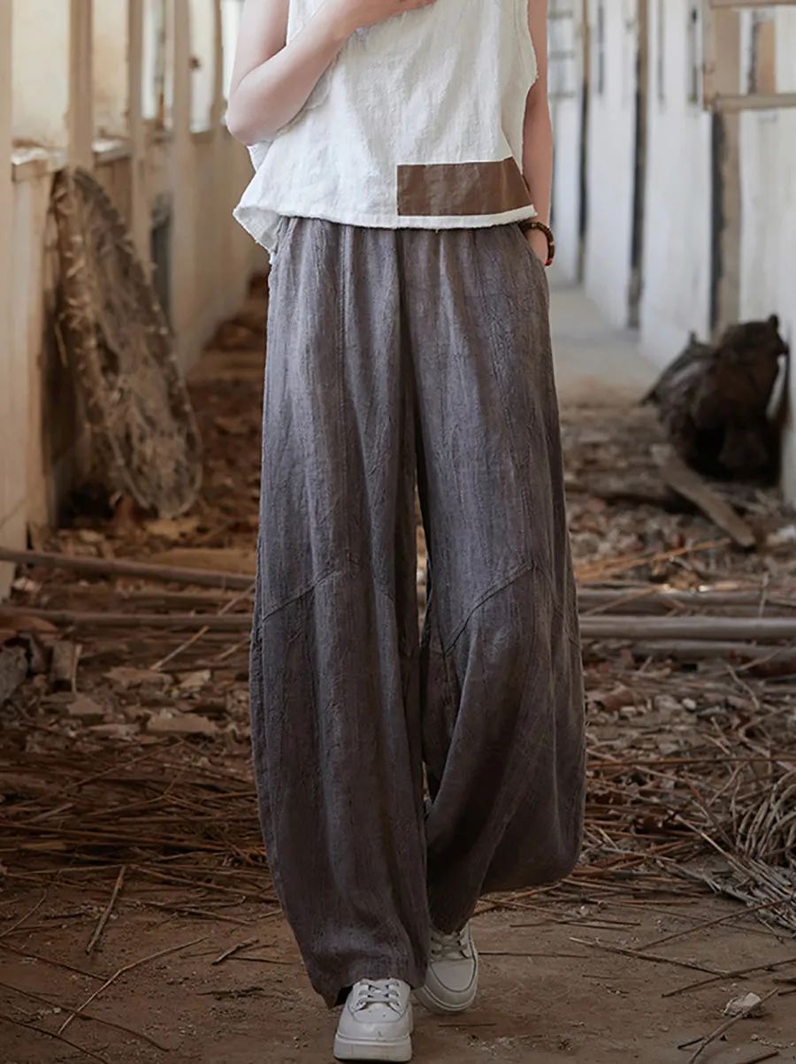 Women Summer Pure Color Spliced Ramie Bloomers