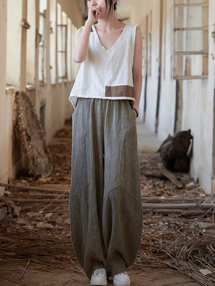 Women Summer Pure Color Spliced Ramie Bloomers