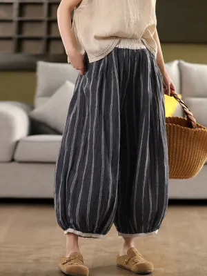 Women Summer Retro Stripe 100%Linen Bloomers