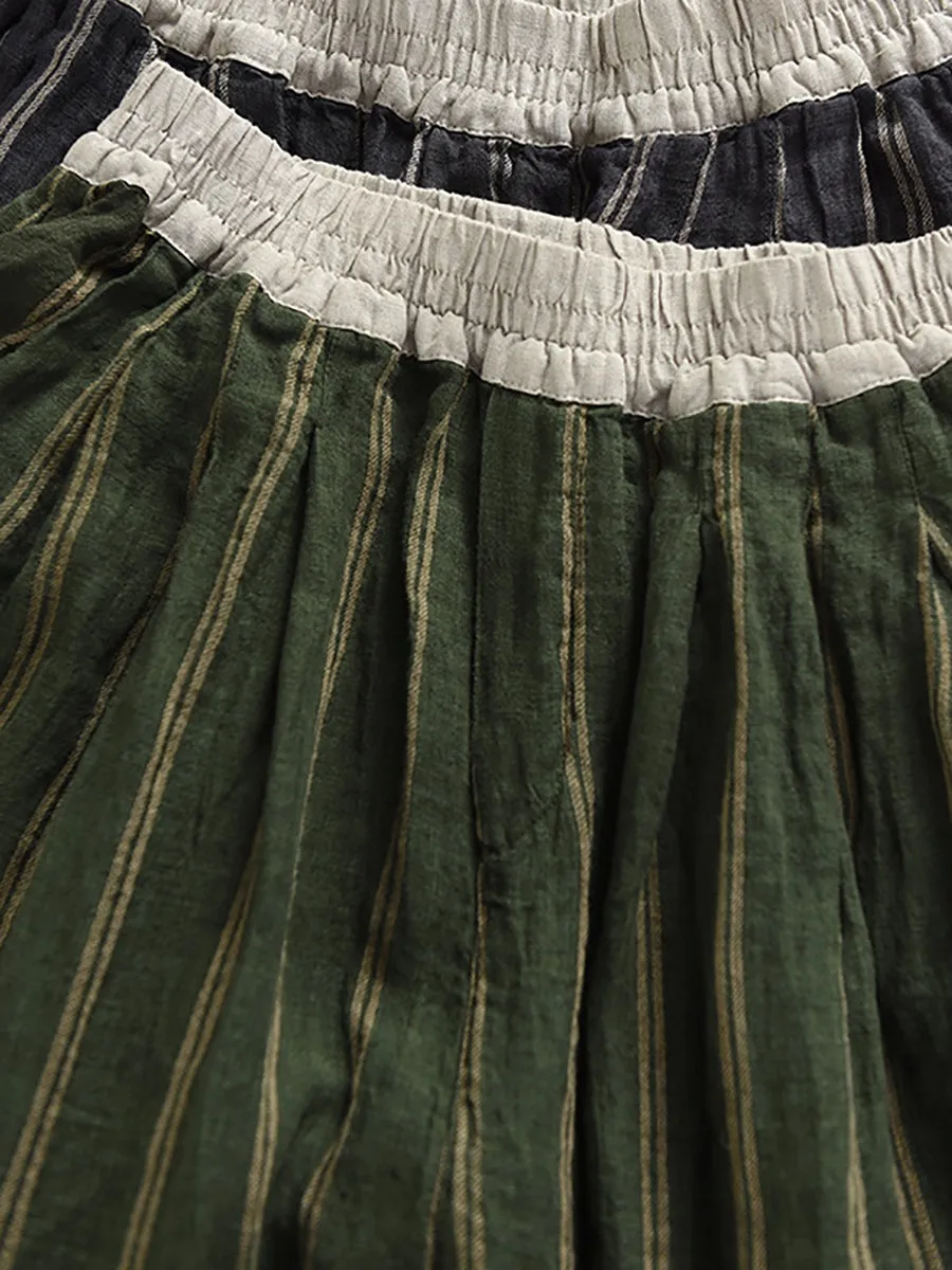 Women Summer Retro Stripe 100%Linen Bloomers