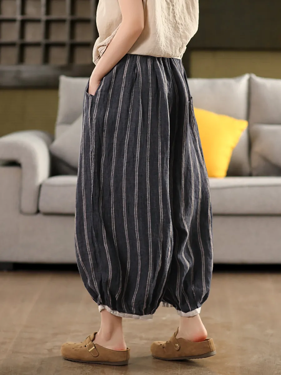 Women Summer Retro Stripe 100%Linen Bloomers