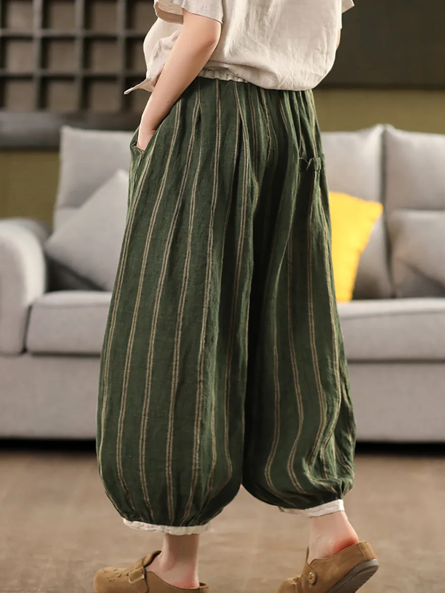 Women Summer Retro Stripe 100%Linen Bloomers