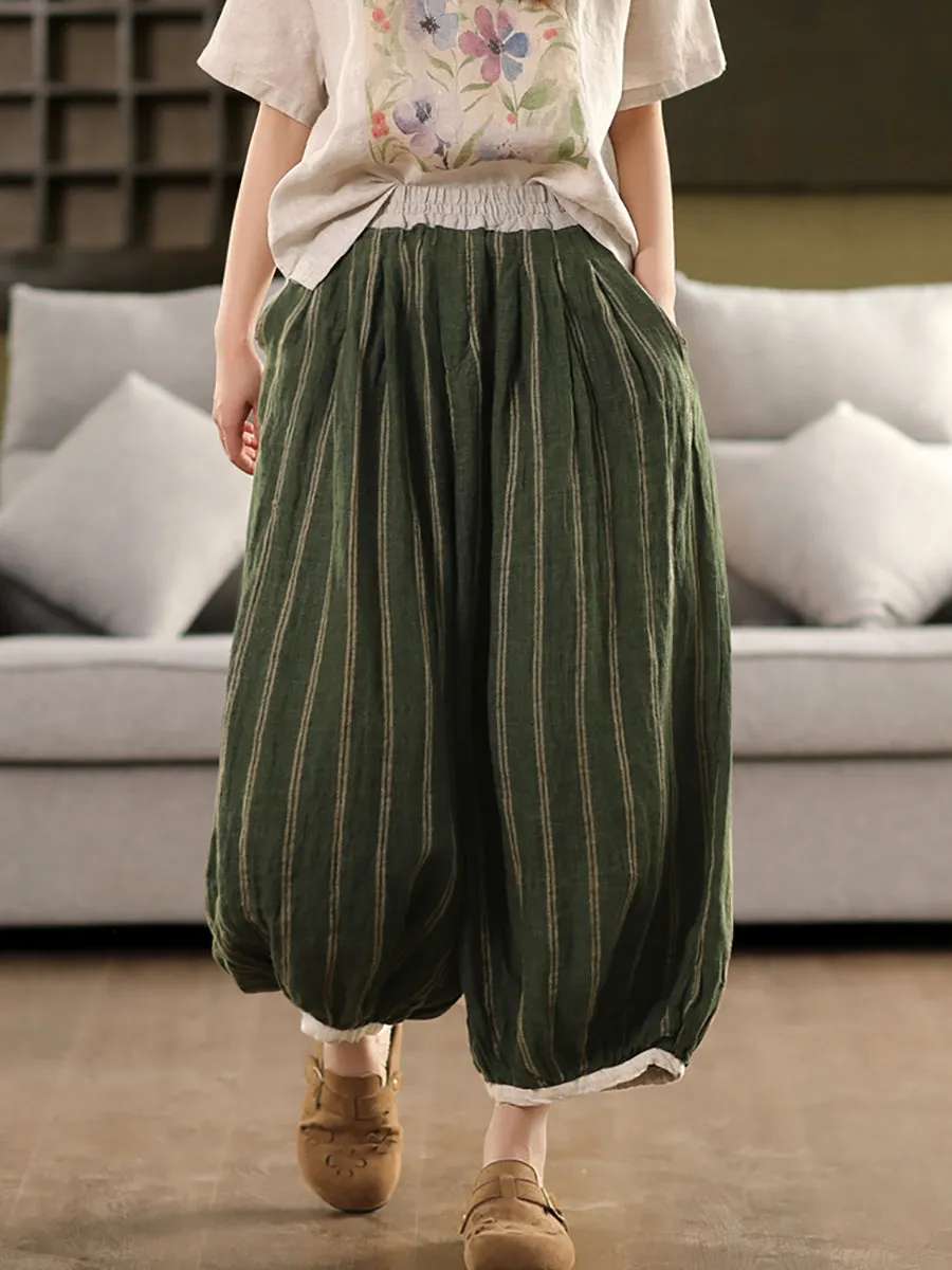Women Summer Retro Stripe 100%Linen Bloomers