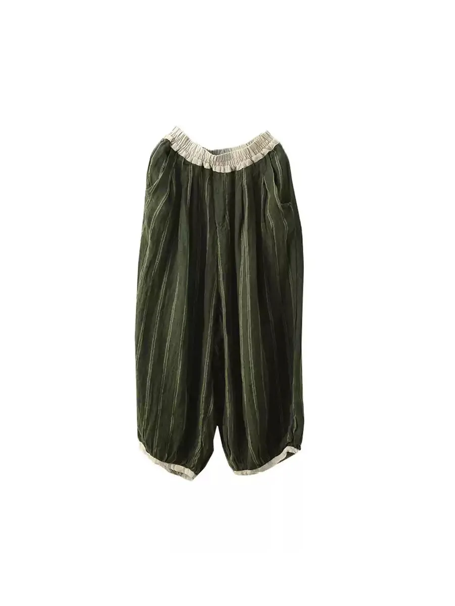 Women Summer Retro Stripe 100%Linen Bloomers