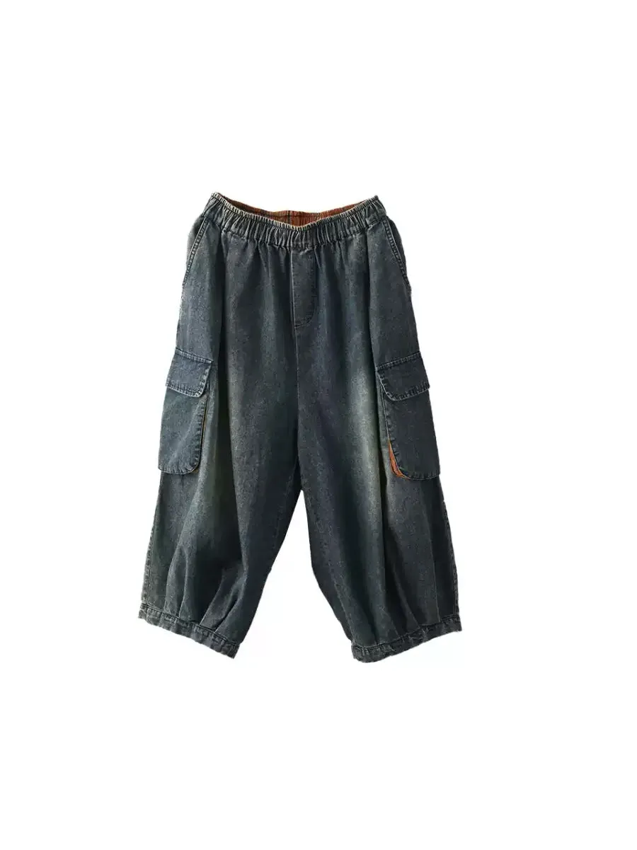 Women Summer Vintage Spliced Denim Harem Pants