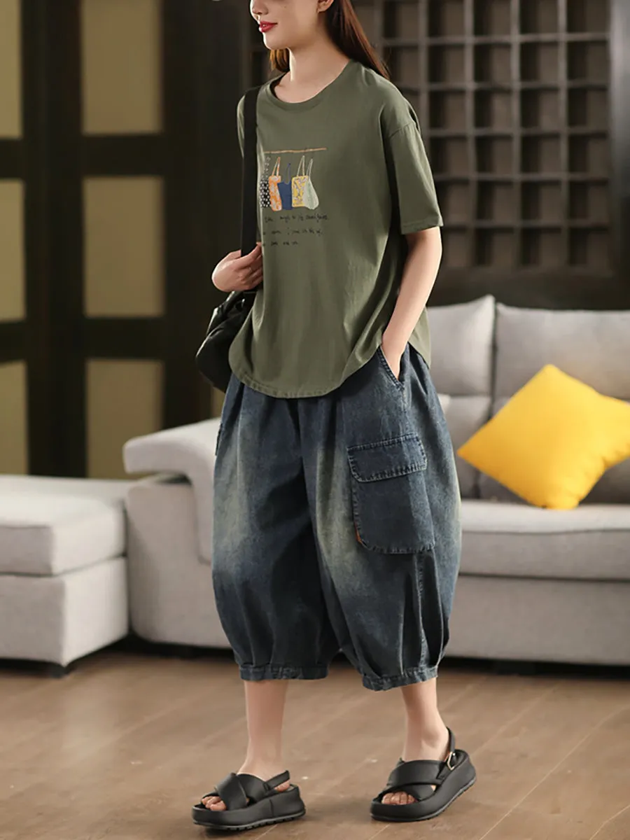 Women Summer Vintage Spliced Denim Harem Pants