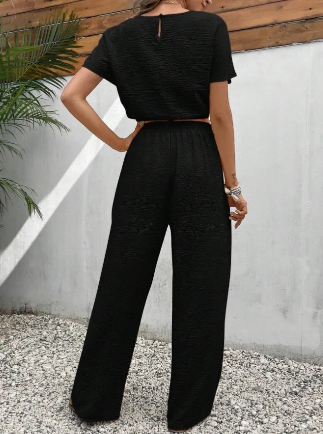 Women's Pants Set Loose Texture Solid Color Casual Two Piece Suit Earthy Clothes