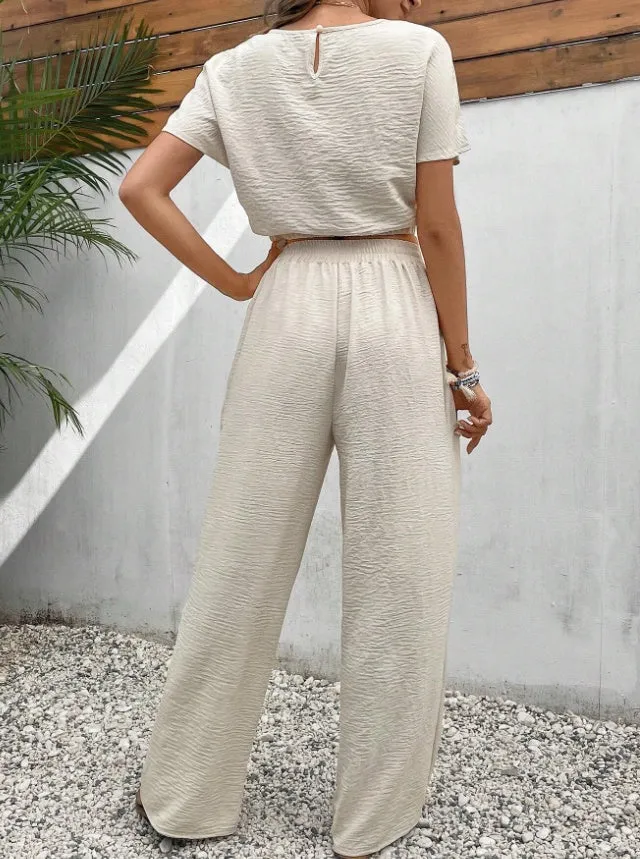 Women's Pants Set Loose Texture Solid Color Casual Two Piece Suit Earthy Clothes