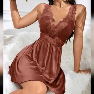 Women's Sexy Lace Splice Sleeveless Nightgown Dress With Open Back
